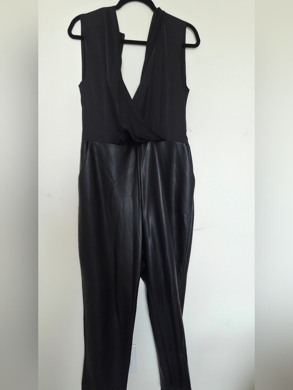Express Black Faux-Leather & Draped V-Neck Jumpsuit